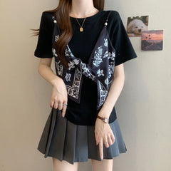 サテン フェイクツーセット リボンディテール ストラップ 半袖 Tシャツ レディース トップス