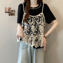 半袖 レースストラップ ツーセット キュートTシャツ レディース トップス