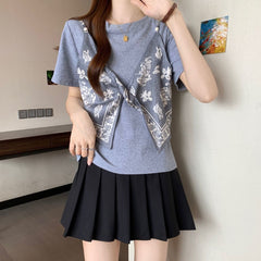 サテン フェイクツーセット リボンディテール ストラップ 半袖 Tシャツ レディース トップス