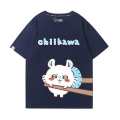 人気キャラ プリント トップス 箸で挟まれる ユニセックス 半袖Tシャツ