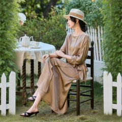 レディース サテン ウエストリボン 七分袖ワンピース|上品・気質