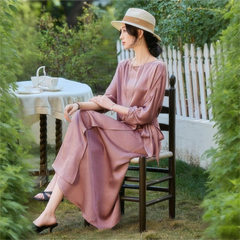 レディース サテン ウエストリボン 七分袖ワンピース|上品・気質