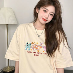 キティプリント×ルーズシルエット レディース 綿素材 こだわりデザイン Tシャツ トップス