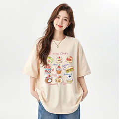 デザートプリント×ルーズシルエット レディース 半袖Tシャツ 夏用 かわいいスイーツデザイン トップス
