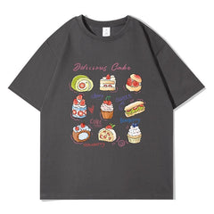 デザートプリント×ルーズシルエット レディース 半袖Tシャツ 夏用 かわいいスイーツデザイン トップス
