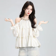 ホルターネック×長袖 デザイン ゆったりシルエット ショート丈 レディース トップス