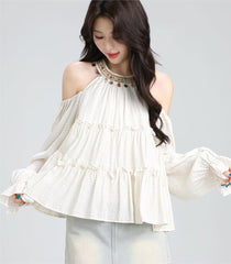 ホルターネック×長袖 デザイン ゆったりシルエット ショート丈 レディース トップス