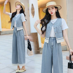 デニムベスト&ゆったりワイドパンツレディース セットアップ