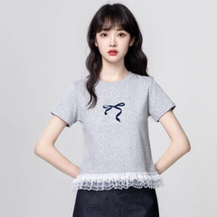 グレーレース×半袖 リボンプリント レディース トップス
