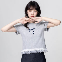 グレーレース×半袖 リボンプリント レディース トップス