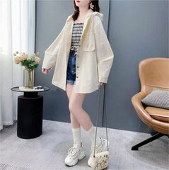 無地 デザイン性 フード付きロンゲスリーブ 薄手カーディガン レディース トップス