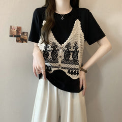 半袖 ニットミックス フェイクツーセット Tシャツ レディース トップス