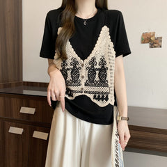 半袖 ニットミックス フェイクツーセット Tシャツ レディース トップス