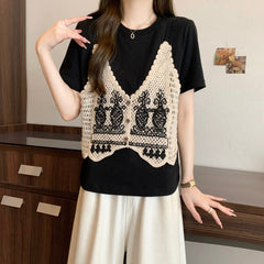 半袖 ニットミックス フェイクツーセット Tシャツ レディース トップス