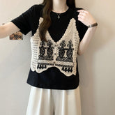 半袖 ニットミックス フェイクツーセット Tシャツ レディース トップス