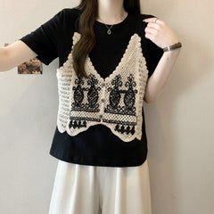 半袖 ニットミックス フェイクツーセット Tシャツ レディース トップス