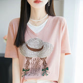 サマープリント×フェイクツーウェイ 半袖 レディース Tシャツ トップス