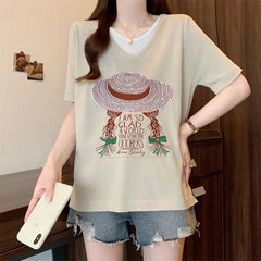 サマープリント×フェイクツーウェイ 半袖 レディース Tシャツ トップス