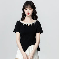 アシンメトリースリット 半袖 Tシャツ レディース トップス