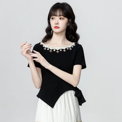 アシンメトリースリット 半袖 Tシャツ レディース トップス