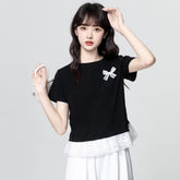 ブラック×半袖 リボンデザイン レースフリル レディース トップス