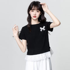 ブラック×半袖 リボンデザイン レースフリル レディース トップス