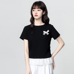 ブラック×半袖 リボンデザイン レースフリル レディース トップス