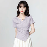 3色×半袖|Vネック切り抜き アシンメトリー シルエットTシャツ レディース トップス