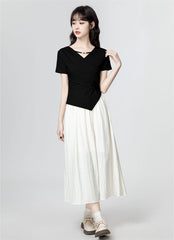 3色×半袖|Vネック切り抜き アシンメトリー シルエットTシャツ レディース トップス