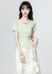 3色×半袖|Vネック切り抜き アシンメトリー シルエットTシャツ レディース トップス