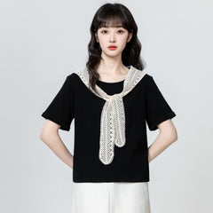 ブラック×半袖 ツーウェイ レース&リボンデザイン ショート丈 レディース トップス