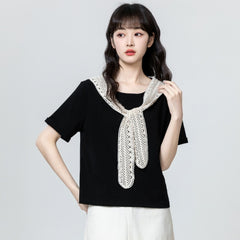 ブラック×半袖 ツーウェイ レース&リボンデザイン ショート丈 レディース トップス