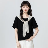 ブラック×半袖 ツーウェイ レース&リボンデザイン ショート丈 レディース トップス