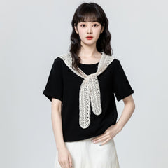 ブラック×半袖 ツーウェイ レース&リボンデザイン ショート丈 レディース トップス