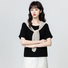 ブラック×半袖 ツーウェイ レース&リボンデザイン ショート丈 レディース トップス