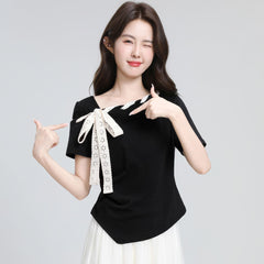 肩ボウタイリボン結びデザイン 斜めネック 半袖 レディース トップス