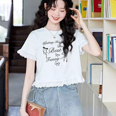 レタープリント レースフリル袖口・裾 半袖Tシャツ レディース トップス