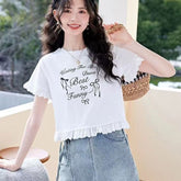 レタープリント レースフリル袖口・裾 半袖Tシャツ レディース トップス