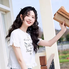 レタープリント レースフリル袖口・裾 半袖Tシャツ レディース トップス