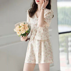 Vネックフラワープリントのハイウエストワイドショートパンツ レディース セットアップ