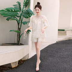 レース&オープンワーク 半袖シャツ&ショートパンツ レディース セットアップ