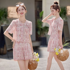 レース&オープンワーク 半袖トップス&ショートパンツ レディース セットアップ