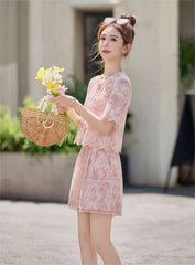 レース&オープンワーク 半袖トップス&ショートパンツ レディース セットアップ