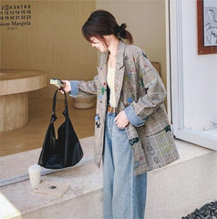 レディース 落書き風チェック柄 オーバーサイズ ジャケット|カジュアル・個性派