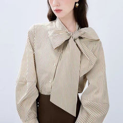 レディース 蝶結びリボン ストライプ シャツ|シンプル・個性派