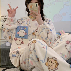 人気キャラ プリント パジャマ ルームウェア 暖かい 防寒 レディース セットアップ