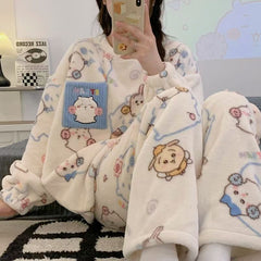 人気キャラ プリント パジャマ ルームウェア 暖かい 防寒 レディース セットアップ