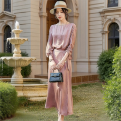 レディース サテン ウエストリボン 七分袖ワンピース|上品・気質