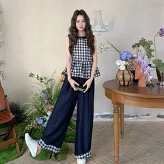 モノクロチェック リボンタイトップス&ワイドパンツ レディース セットアップ