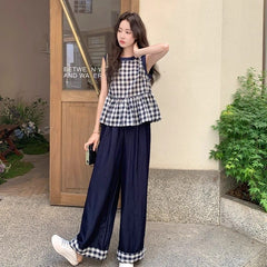 モノクロチェック リボンタイトップス&ワイドパンツ レディース セットアップ